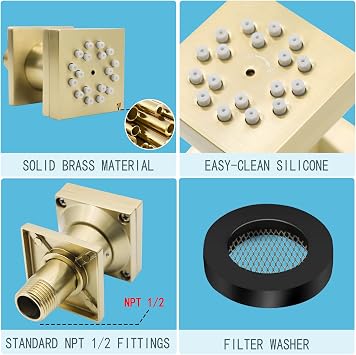 2-Function Shower Body Sprays Jet High Pressure Wall Mount Brass Square Showerhead Spa Massage Shower Sprayer Nozzles with Adjustable Swivel Ball(Brushed Gold,4PCS)