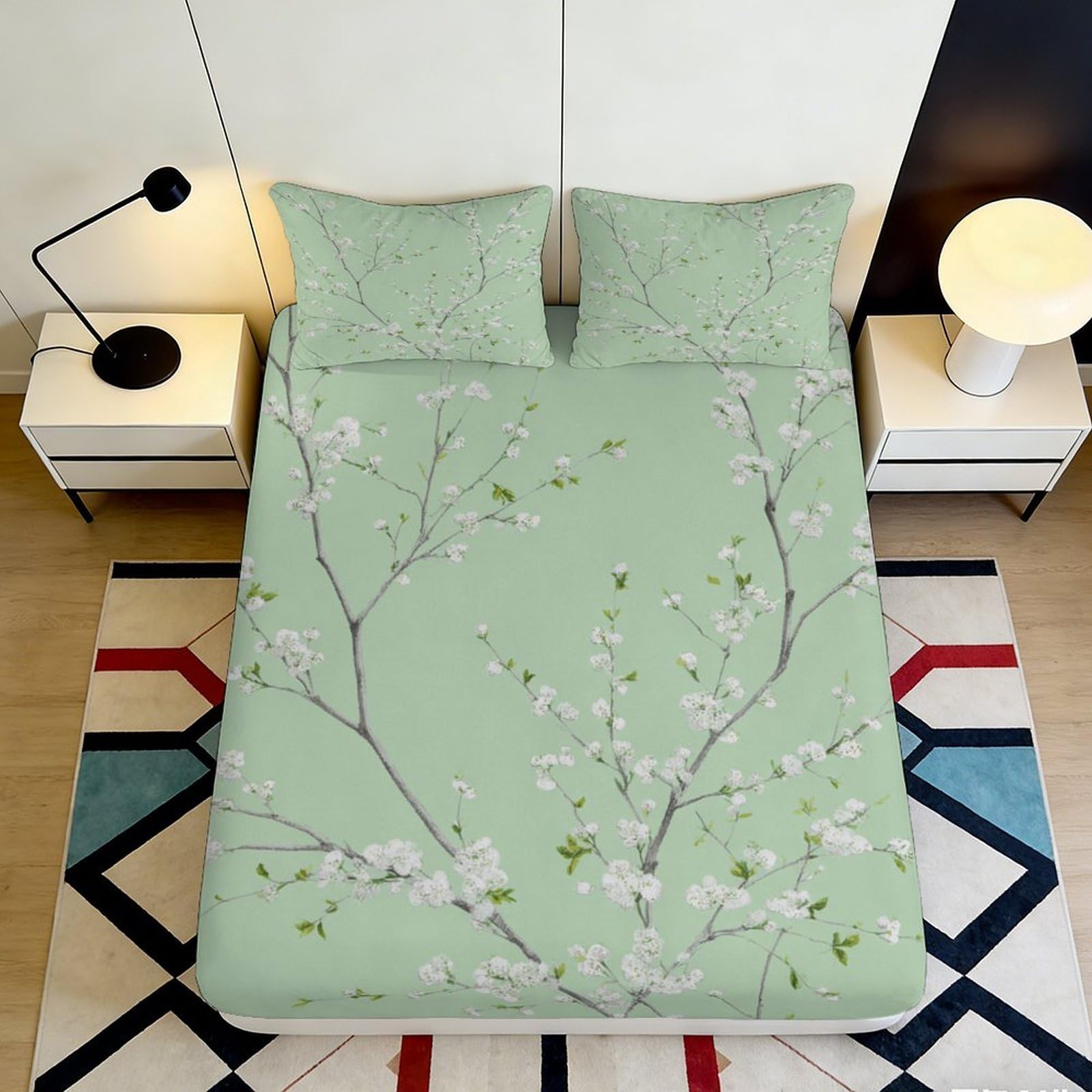 Jqzkxnhpbr Style-4 3D Printed Green Blossom Branch Fitted Sheet Microfiber Soft Anti-Slip Mattress Cover Bedroom Decor Machine Washable 90X200x25cm