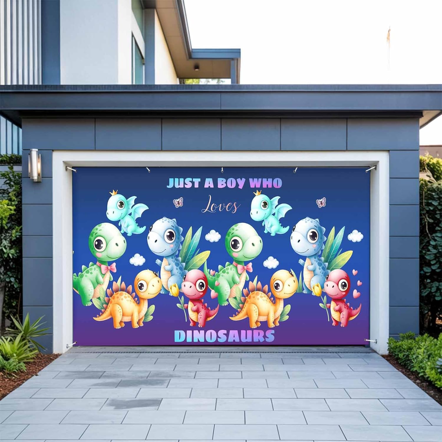 Funny Dinosaur Garage Door Cover, Cute Dino Purple Cartoon Boys Girls Children Garage Door Decorations with Ropes, Outdoor Hanging Banner Backdrop for Holiday Party Courtyard Porch Wall Decor 6.9x8ft