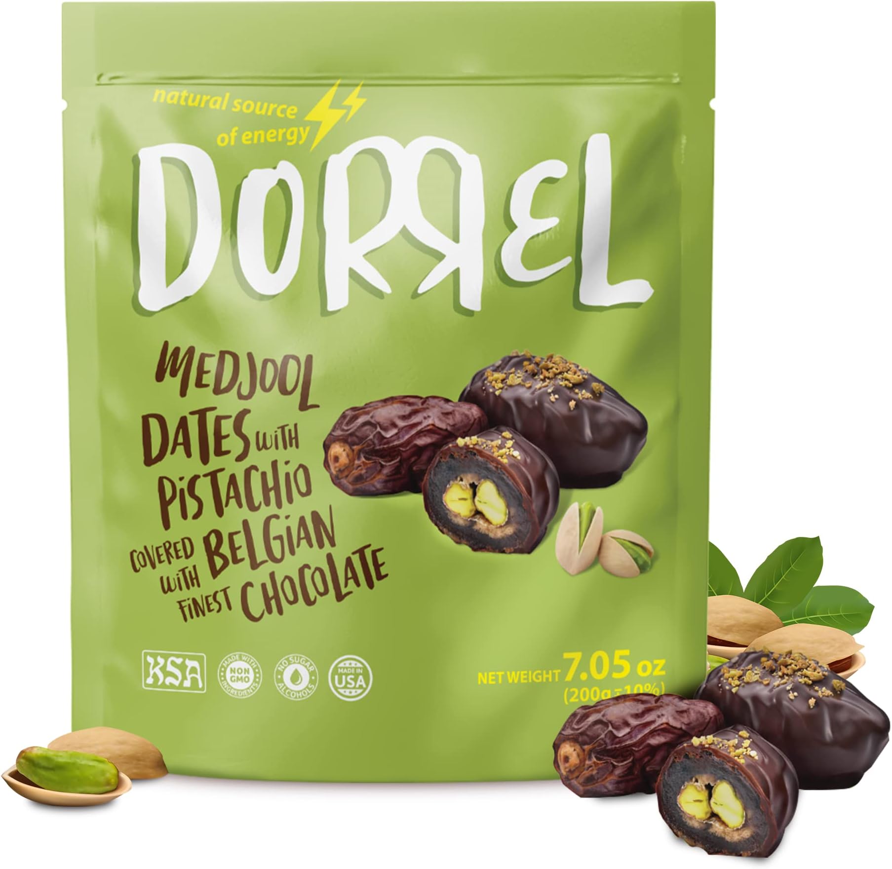Dorrel Belgian Dark Chocolate Covered Medjool Dates Stuffed with Pistachios, Nutritious and Tasty Dark Chocolate Pistachio Nuts, High-Energy Snack, Non-GMO, Kosher, 1 Pack