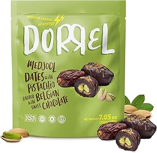 DORREL - Belgian Dark Chocolate Covered Dates (Medjool) with Pistachio Stuffing, High Energy Vegan Choco Snack, Delicious, Kosher & Non-GMO, Pack of 1 Stuffed Chocolate Dates, 7.05 oz / 200 g Ea