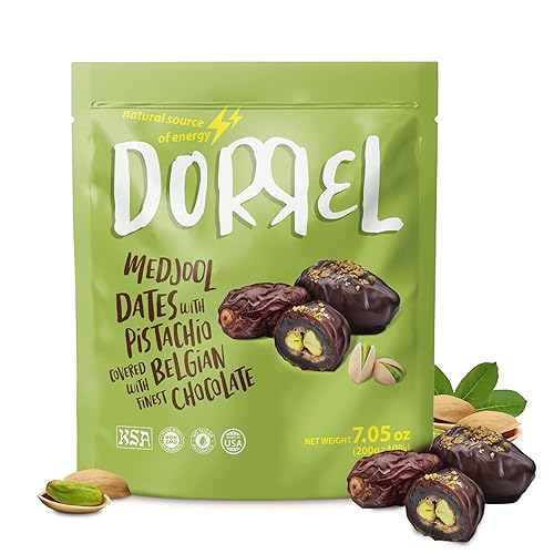 Dorrel Dátiles Medjool cubiertos de chocolate negro belga rellenos de pistachos, nutritivos y sabrosos pistachos de chocolate negro, aperitivo de