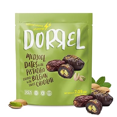 Dorrel Belgian Dark Chocolate Covered Medjool Dates Stuffed with Pistachios, Nutritious and Tasty Dark Chocolate Pistachio Nuts, High-Energy Snack, Non-GMO, Kosher, 1 Pack