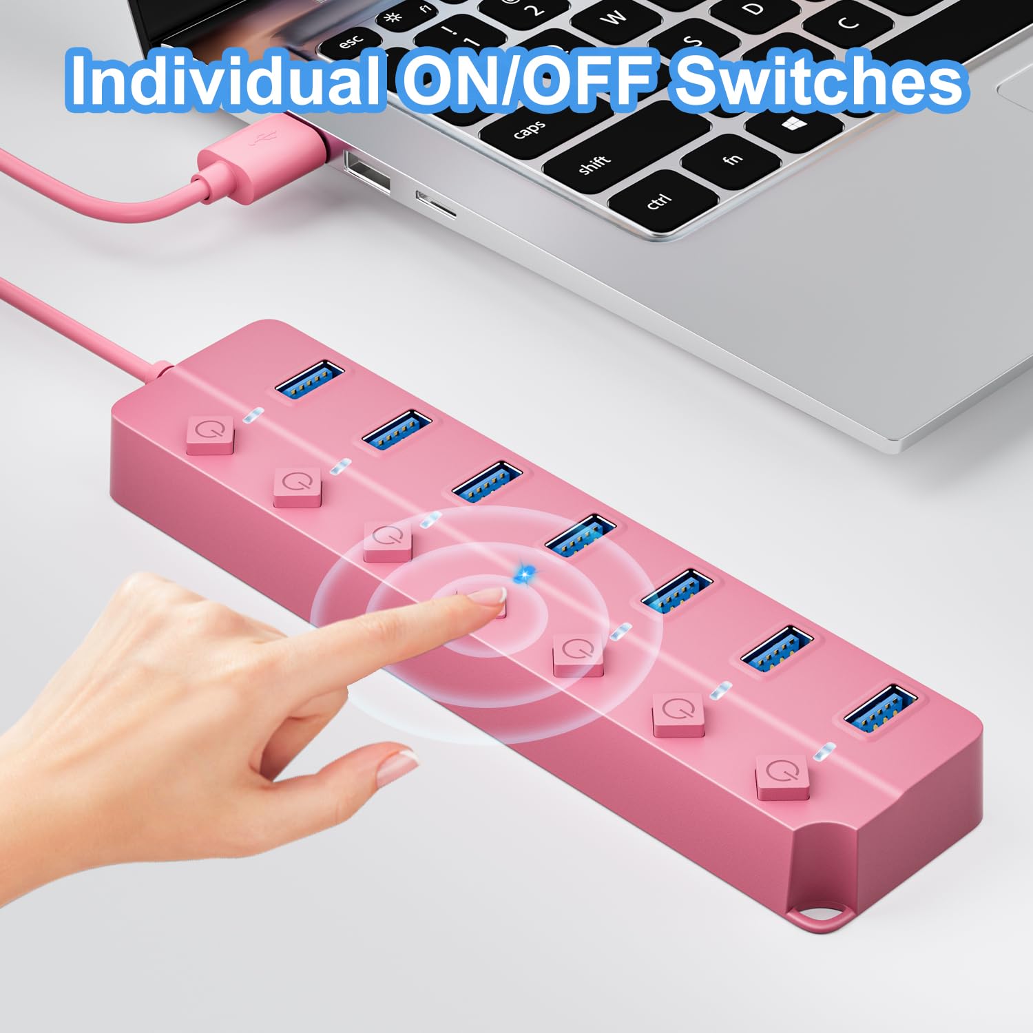 ONFINIO Hub USB 3.0, 7-portowy rozdzielacz koncentratora USB z indywidualnymi włącznikami i światłami, kabel o długości 1 m, kompatybilny z MacBookiem, laptopem, Surface Pro, PS4, PC, pendrivem