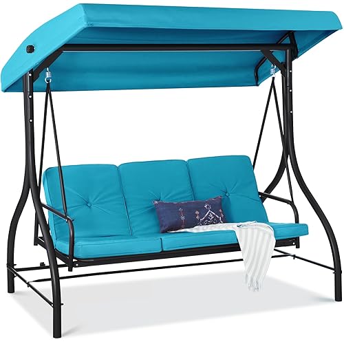 Best Choice Products 3-Seat Outdoor Large Converting Canopy Swing Glider, Patio Hammock Lounge Chair for Porch, Backyard w/Flatbed, Adjustable Shade, Removable Cushions - Sky Blue