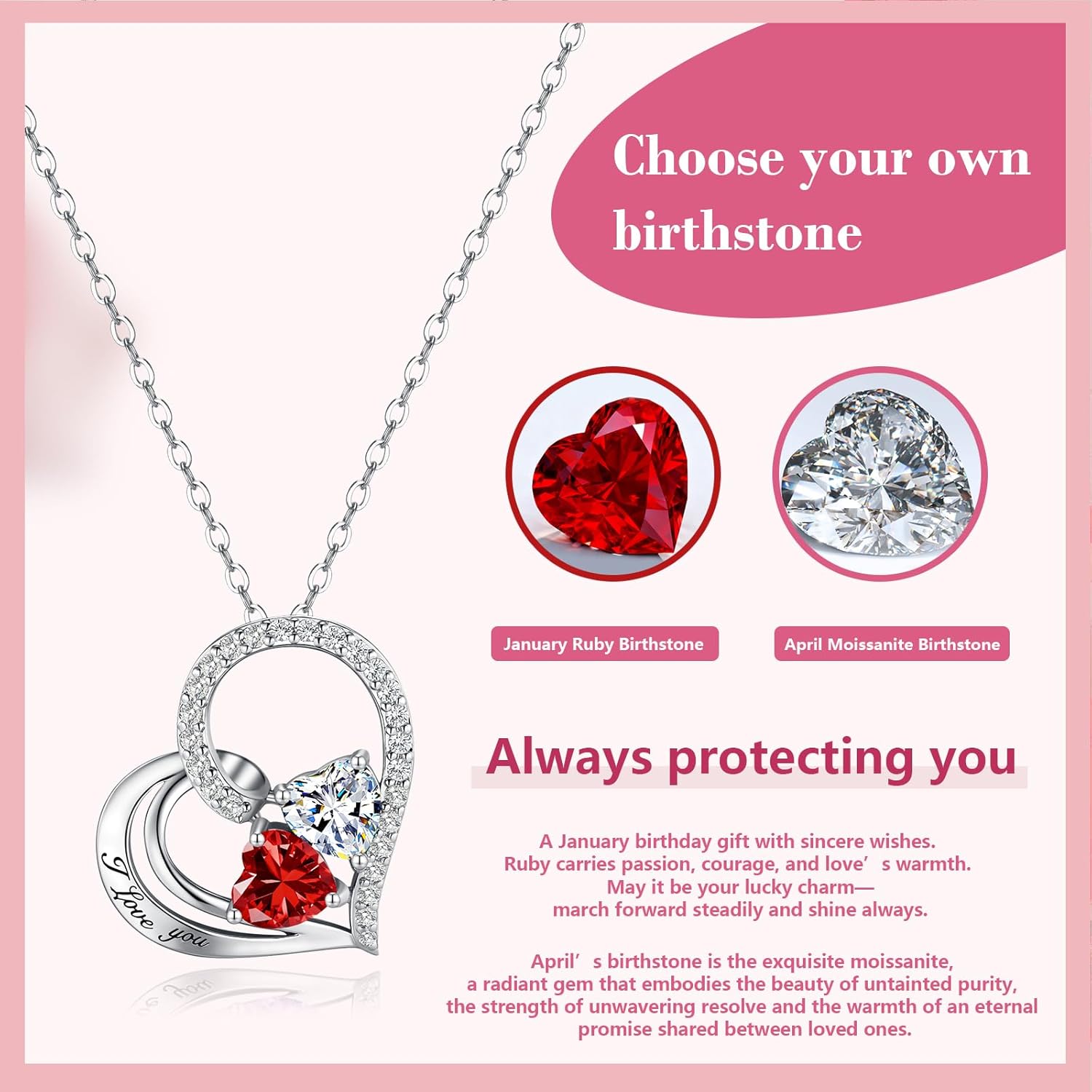 Double Birthstone Heart Necklace 0.8CT Dual-Gemstone S925 Sterling Silver Plated White Gold Engraved I Love You Perfect Anniversary/Valentine's Day Gift for Wife/Girlfriend/Mom/Daughter - Image 5