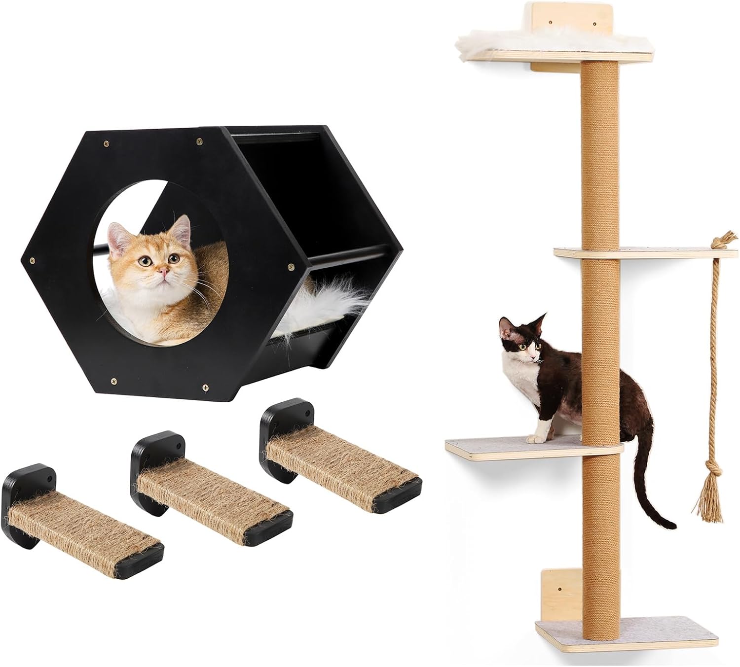 Cat Wall Shelves+ Wall Mounted Cat Tree,Tall Wall Cat Tree 4 Tier Cat Climbing Wall Shelves,Corner Cat Shelf with 3 Steps Scratch Post