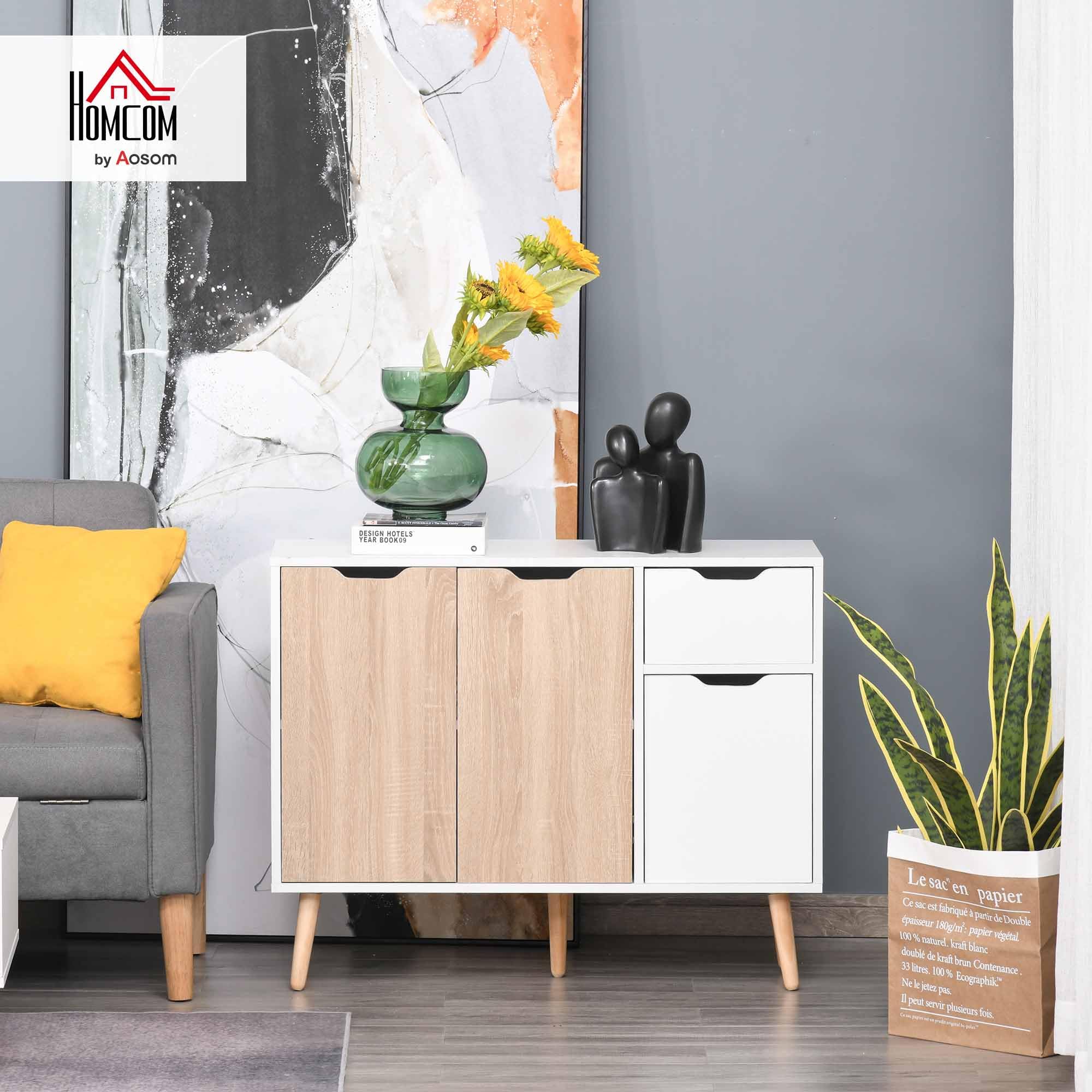 HOMCOM Aparador Moderno Aparador para Salón con 3 Puertas y Cajón Mueble Auxiliar para Salón Cocina Dormitorio 90x30x72 cm Blanco y Natural