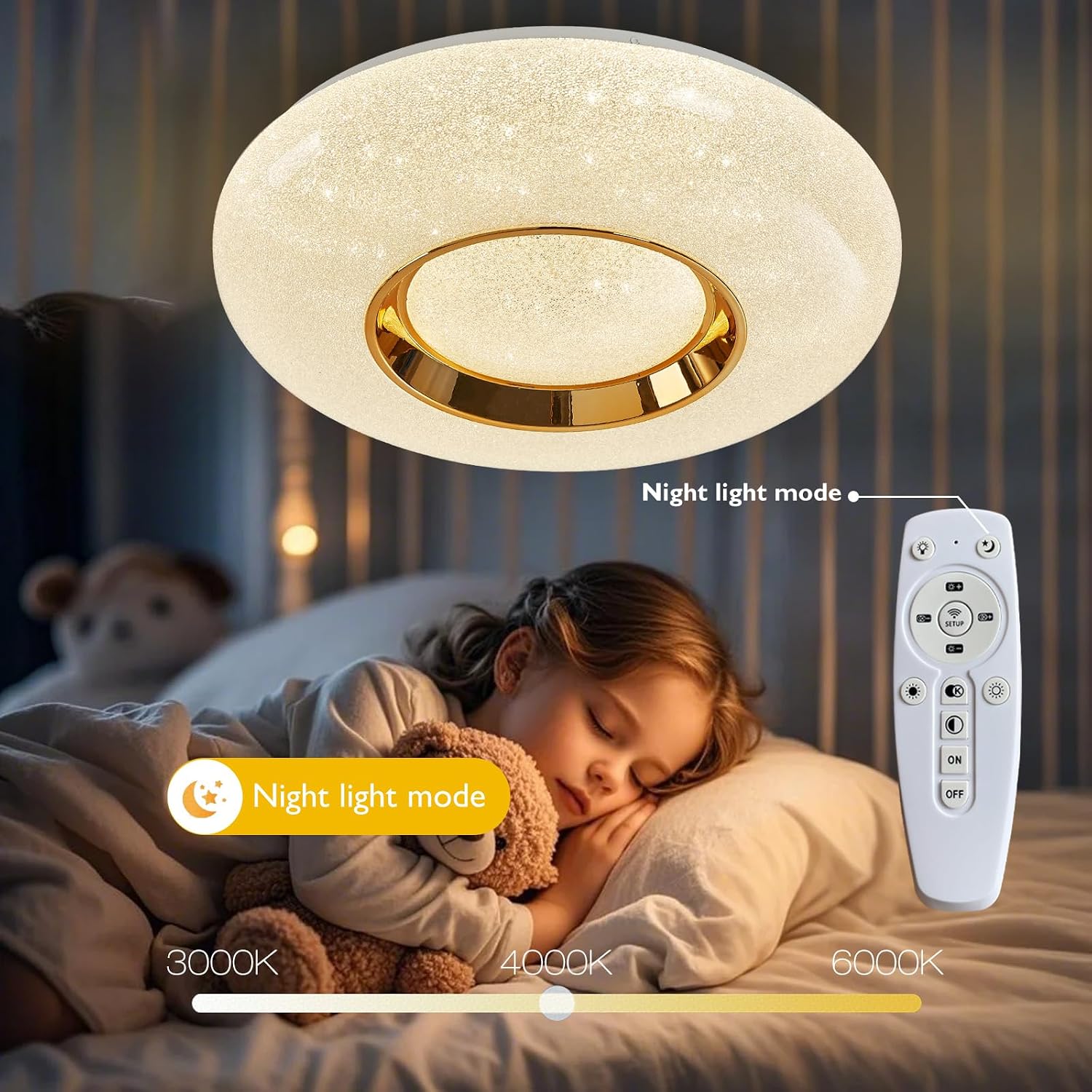 Bedroom Round Gold Ceiling Light,Dimmable with Remote Control,20 Inch 48W Modern LED Ceiling Light Fixtures, for Living Rooms, Dining Rooms, Kitchens, bathrooms, hallways, and Offices