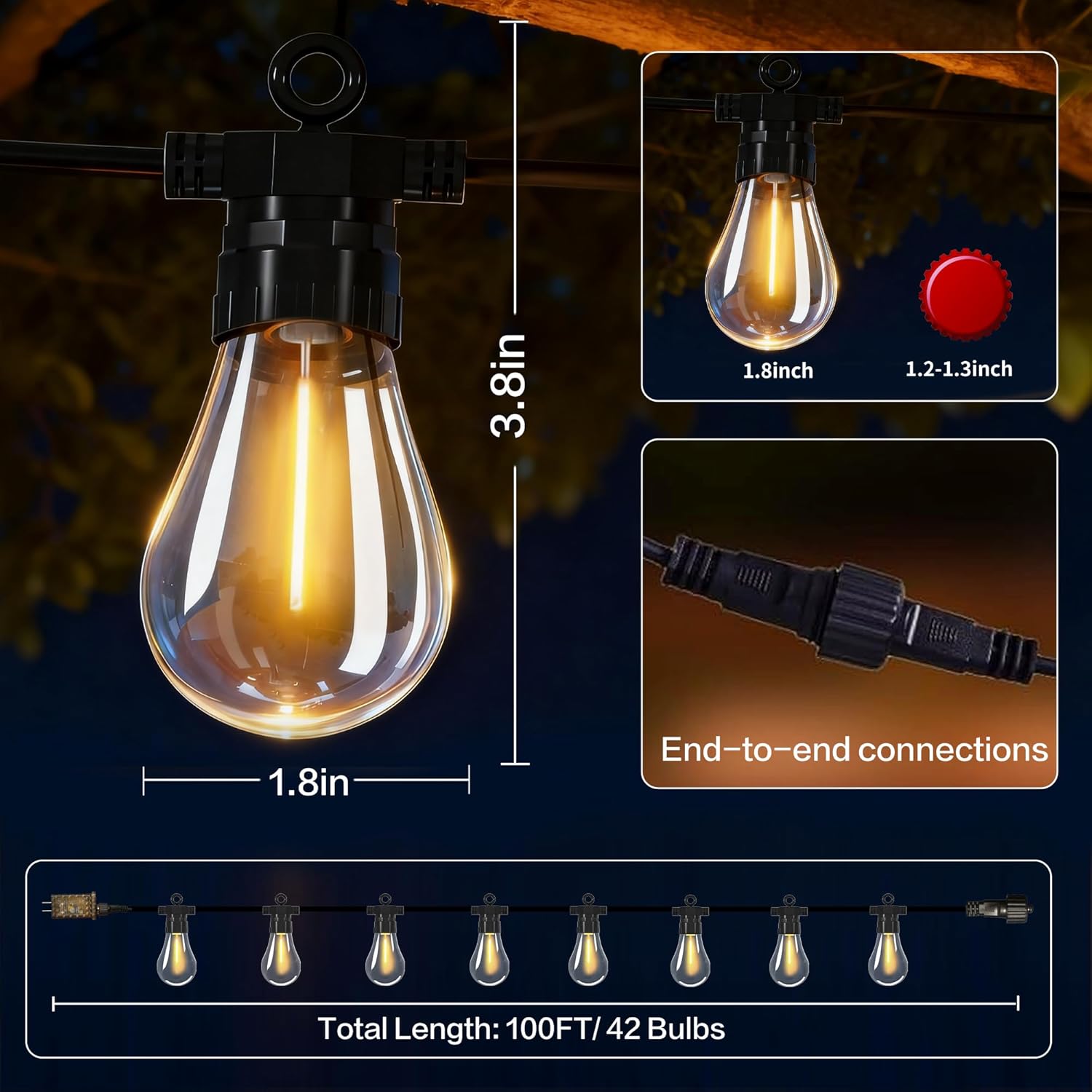 100FT Outdoor String Lights with Remote, 42 Dimmable Shatterproof LED Edison Bulbs, Waterproof Patio & Backyard Lights for Pergola, Deck, Garden, Bistro, Commercial Grade Hanging Lights