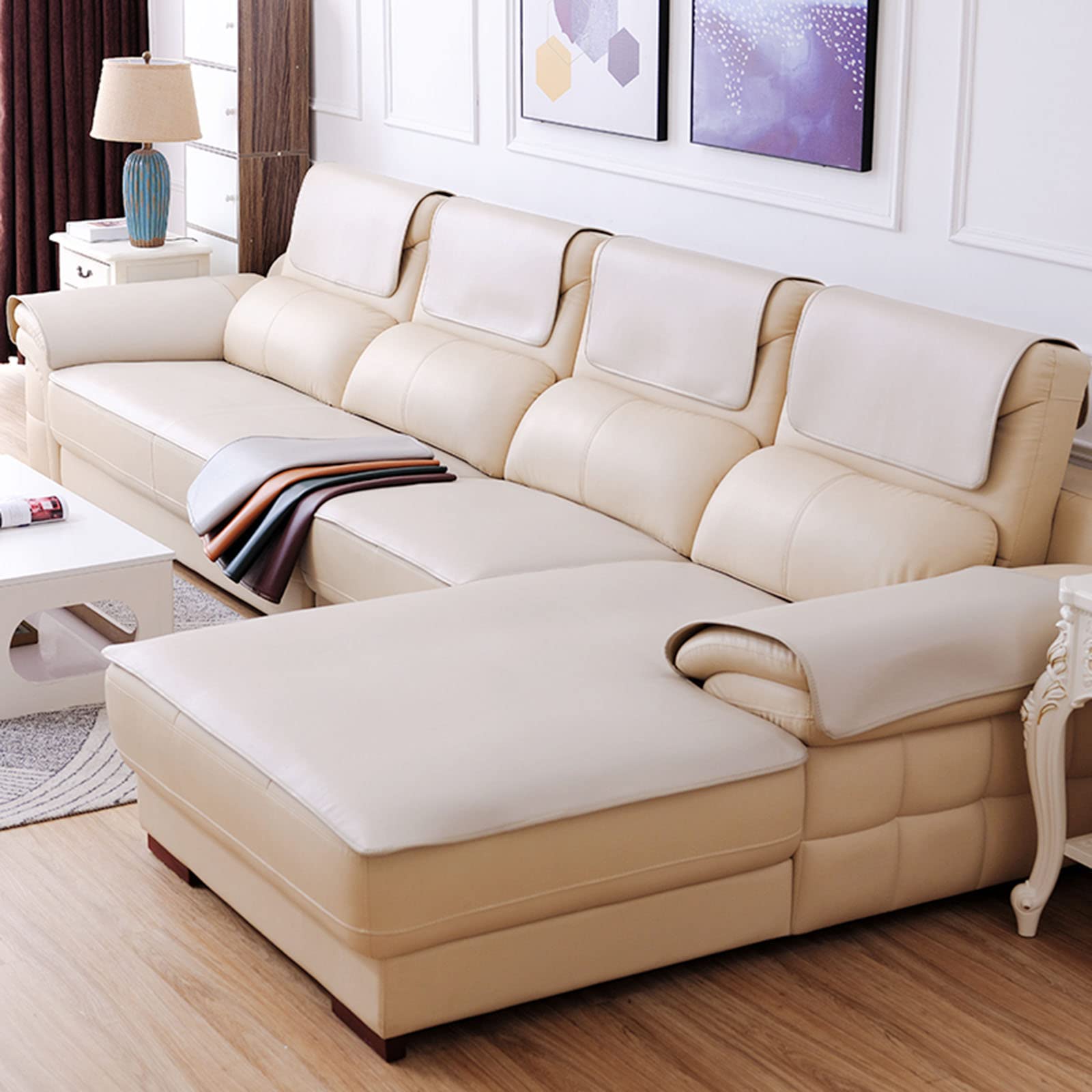 Rutschfester Sofabezug aus Leder, Sofa überzug in l Form 2 3 sitzer ecksofa Sofaüberwurf Couch überzug für Haustiere, Liegebezug für Wohnzimmer-Beige 60x150cm/24x59 Zoll