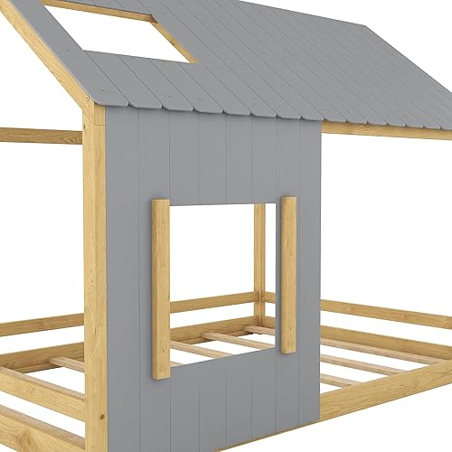 Miniatura 8 de Danxee Solid  Sturdy Wood Tent Bed with Roof and Window Design for Toddlers House Beds with Fence Wood Loft Bed Frame Bedroom Furniture for Girls