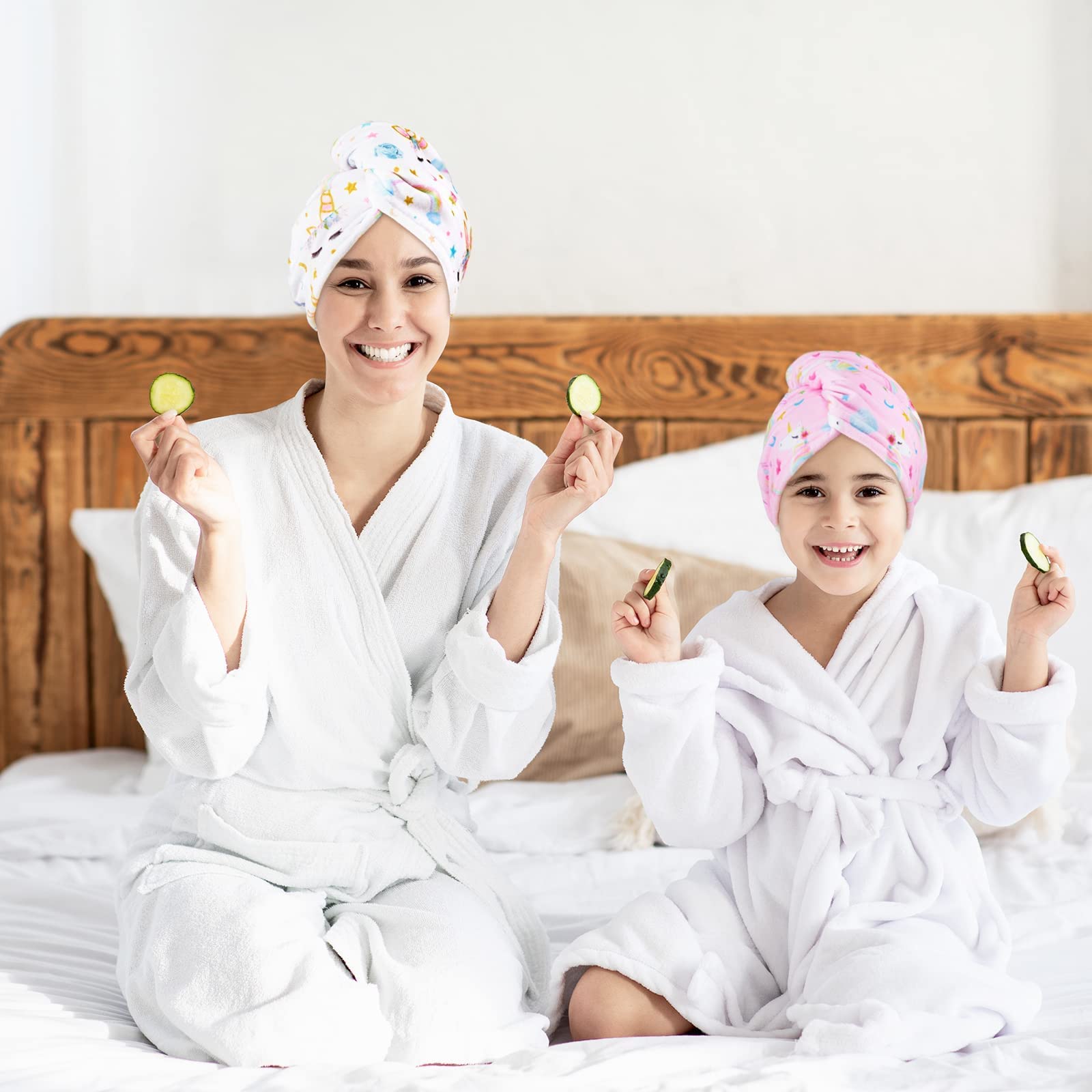 WAWSAM 2 Pezzi Asciugamani Capelli a Turbante Asciugamano in Microfibra per Capelli con Bottoni (Unicorno bianco e rosa)