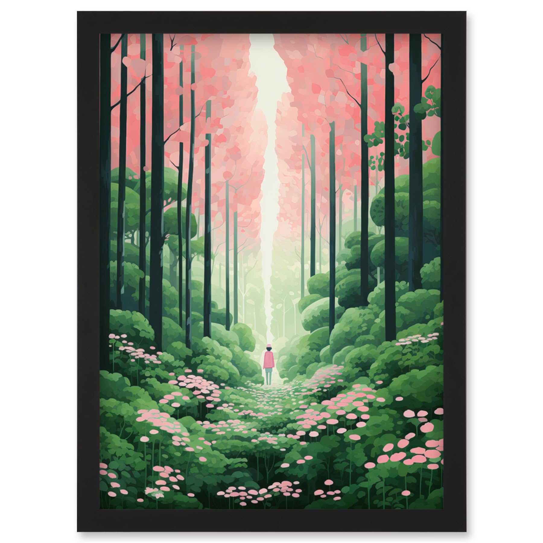 Artery8 Mount Yoshino Cherry Blossom Tree Forest Bright Artwork Baby Pink Green Walk in Nature Trail Artwork Framed Wall Art Print A4