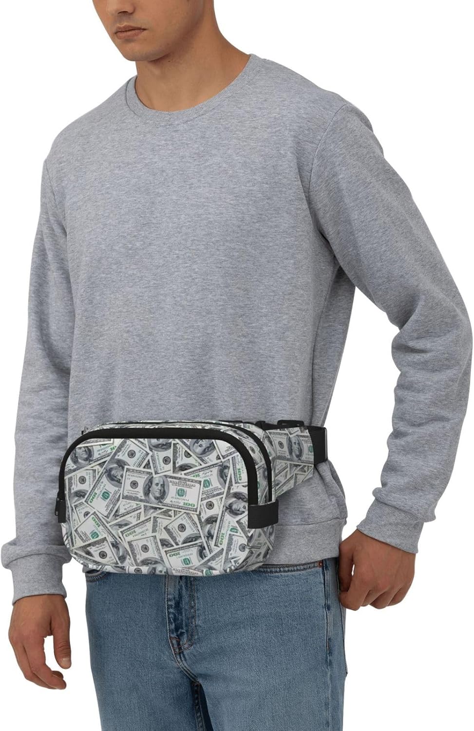 Funny Dollar Money Print Fashion Waist Packs Square Layer Waist Bag Black Belt Bag with Adjustable Strap