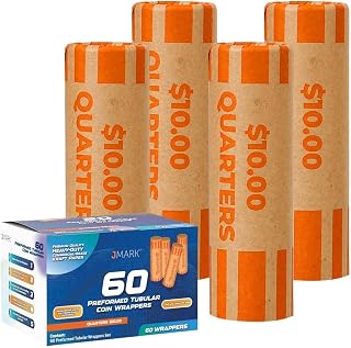 J Mark Burst Resistant Preformed Quarter Coin Roll Wrappers, Made in USA, 60-Count Heavy Duty Cartridge-Style Coin Roller Tubes, Includes J Mark Coin Deposit Slip