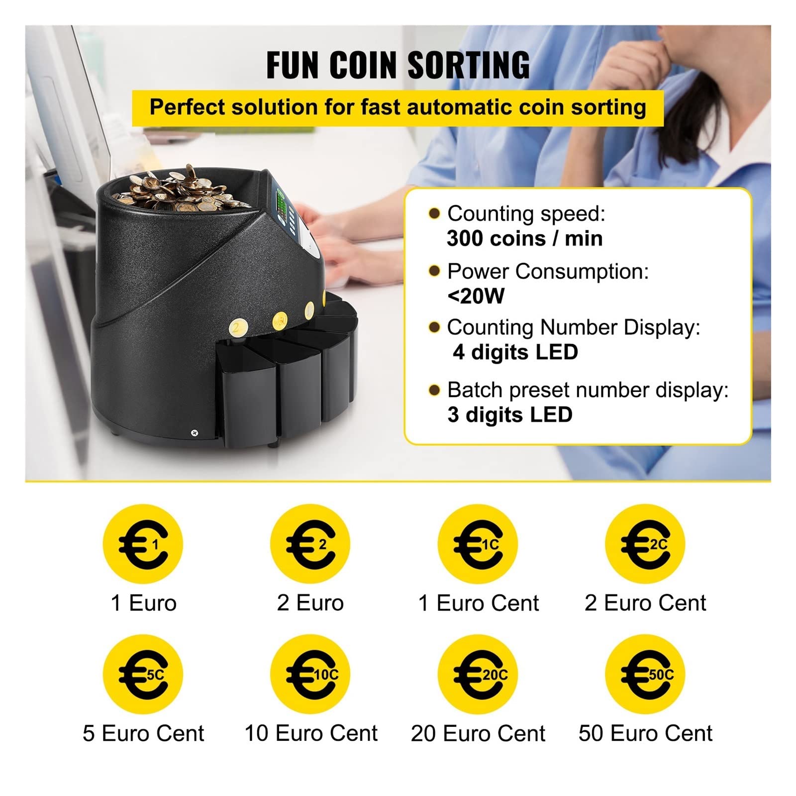 Automatico Elettrico Professionale Da Banco Selezionatore 300 Monete/min Euro Valuta Display LED Negozio Banca Commerciale