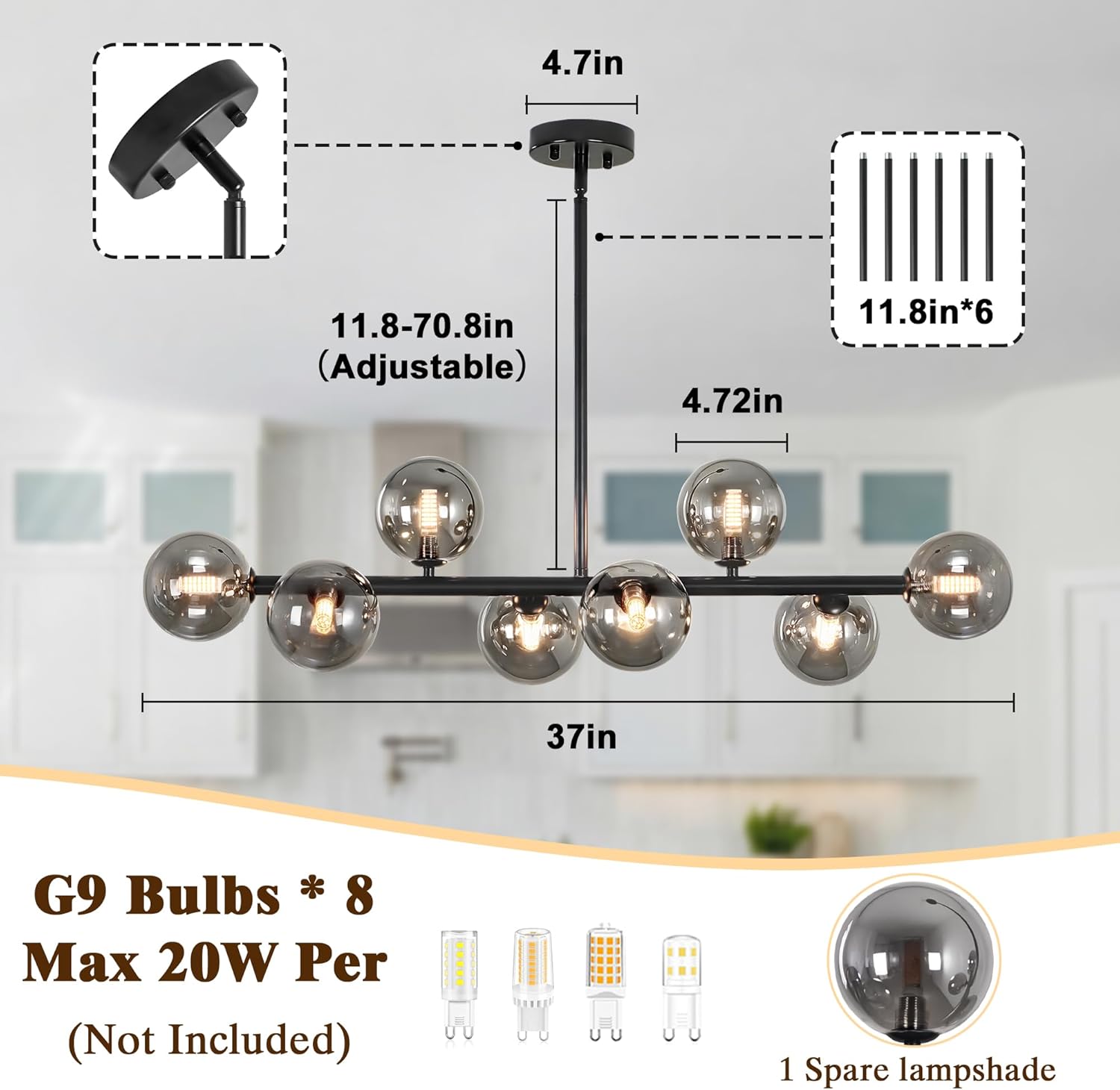 Black Dining Room Light Fixture Smoked Glass Linear Sputnik chandelier 37" Farmhouse Island Lights for Kitchen 8 Light Modern Linear Chandeliers for Dining Room Linear Pendant Lights Globe Farmhouse