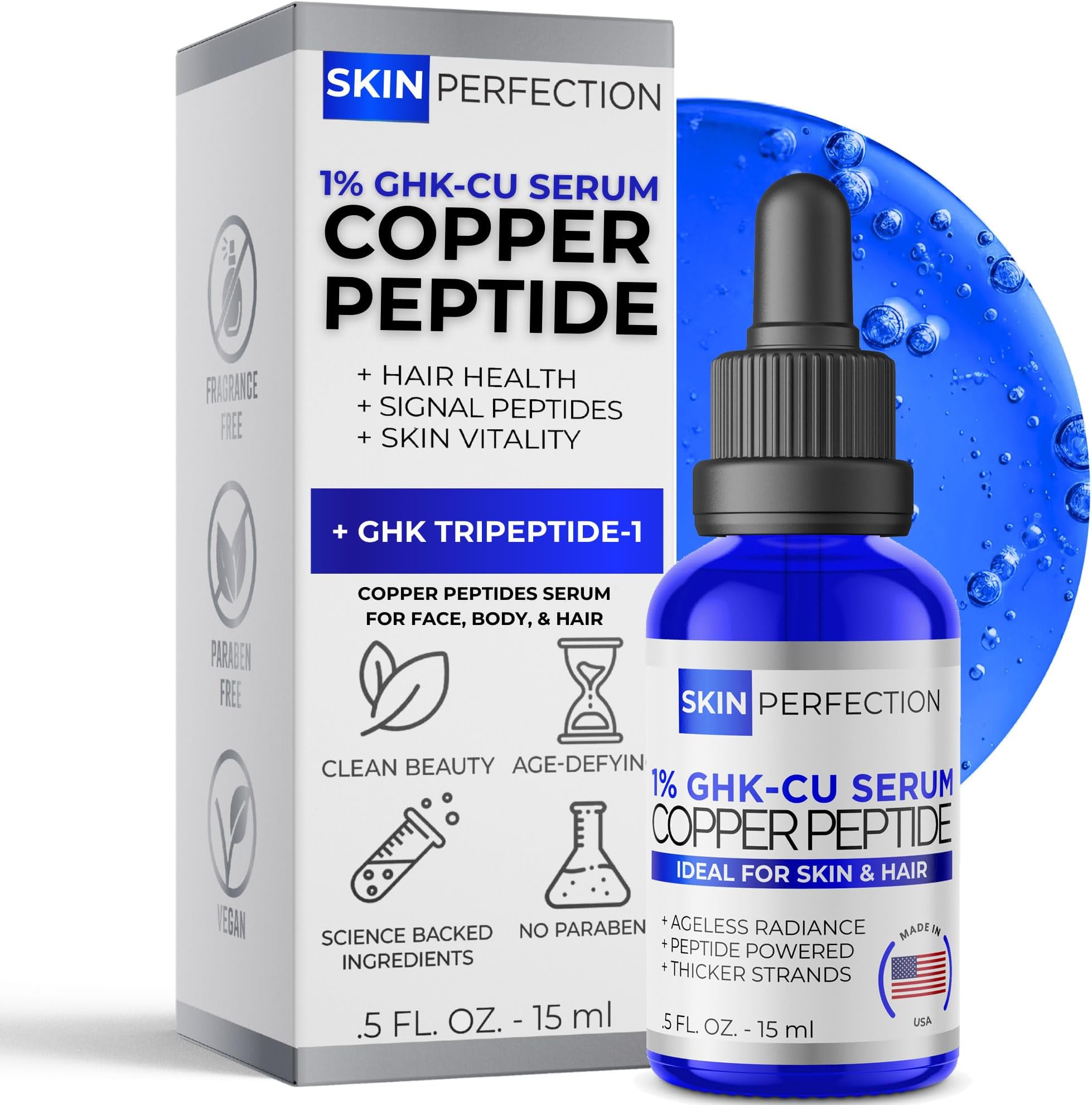 GHK-CU Copper Peptides Serum for Face & Hair - Copper Peptide for Skin, Hair & Scalp - 1% Blue Liquid for Face, Neck, Body, and Scalp – Multi-Use Serum Booster with Dropper 0.5 fl oz