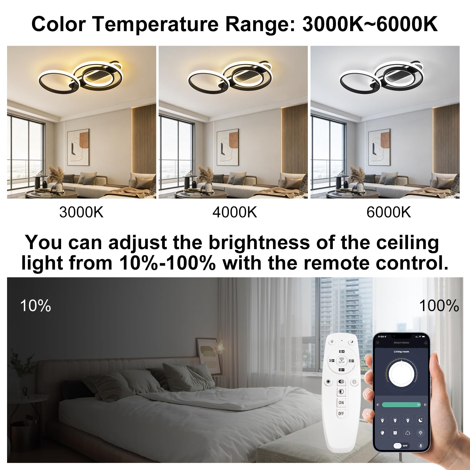 36W Dimmbar Deckenlampe Mit Fernbedienung APP,Einstellbar Ringform,Schwarz