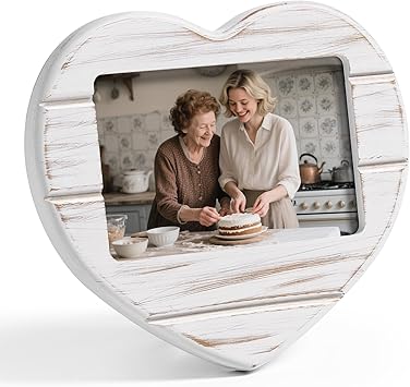 Afuly 4x6 Picture Frame Heart Shaped Farmhouse Distressed White Love Shabby Chic Photo Display Unique Rustic Tabletop Wall Hanging Home Decor Cute Wedding Artwork Anniversary for Couple Mom Grandma Family