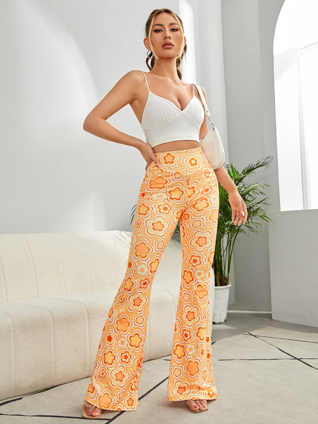 OYOANGLE Women's Floral Print High Waist Yoga Pants Wide Leg Pants Bell Bottom Trousers