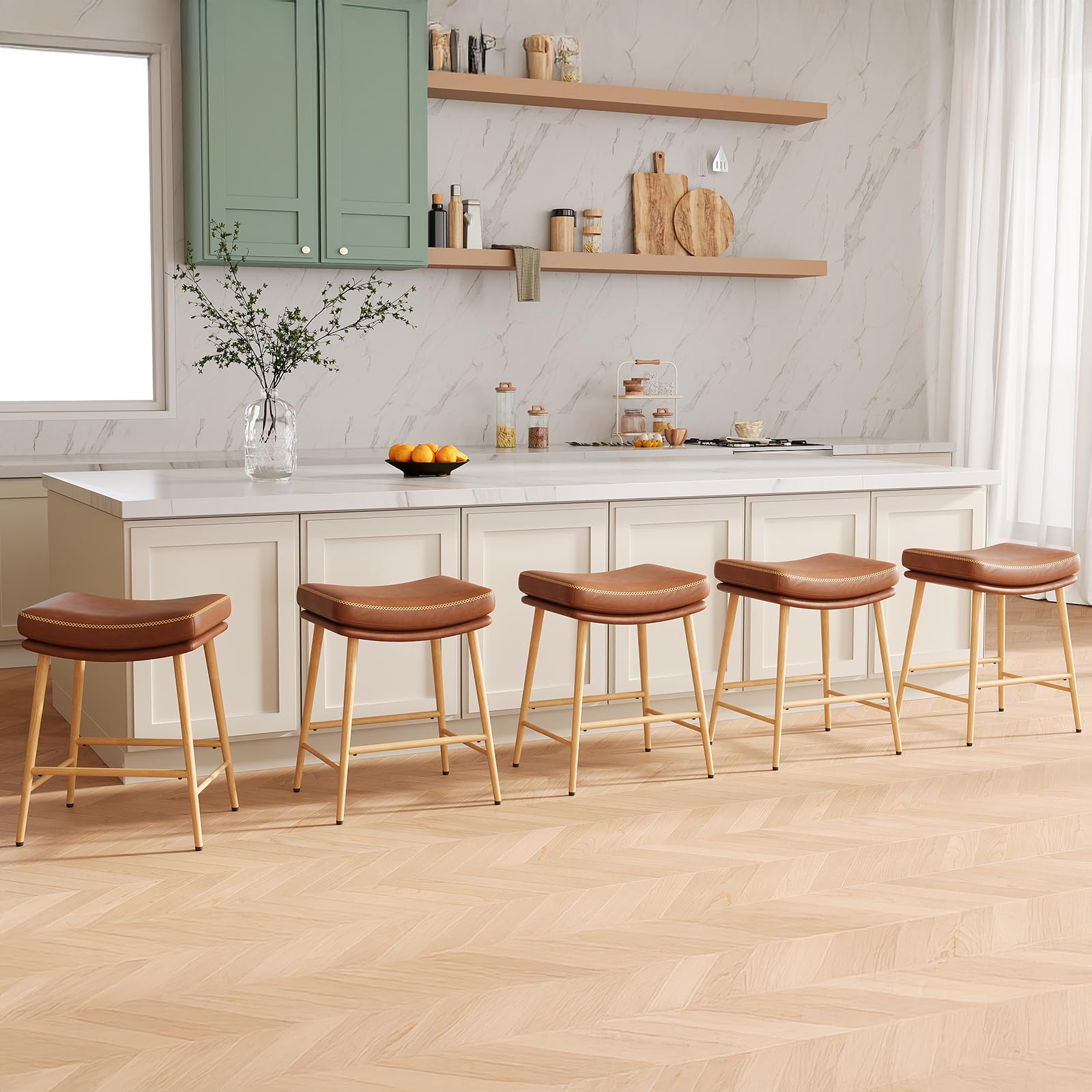 Bar Stools Set of 5, Counter Height Bar Stools with Thick PU Leather Saddle Seat & Sturdy Metal Frame Legs,Backless Bar Stools for Kitchen Island Dining Cafe,Brown