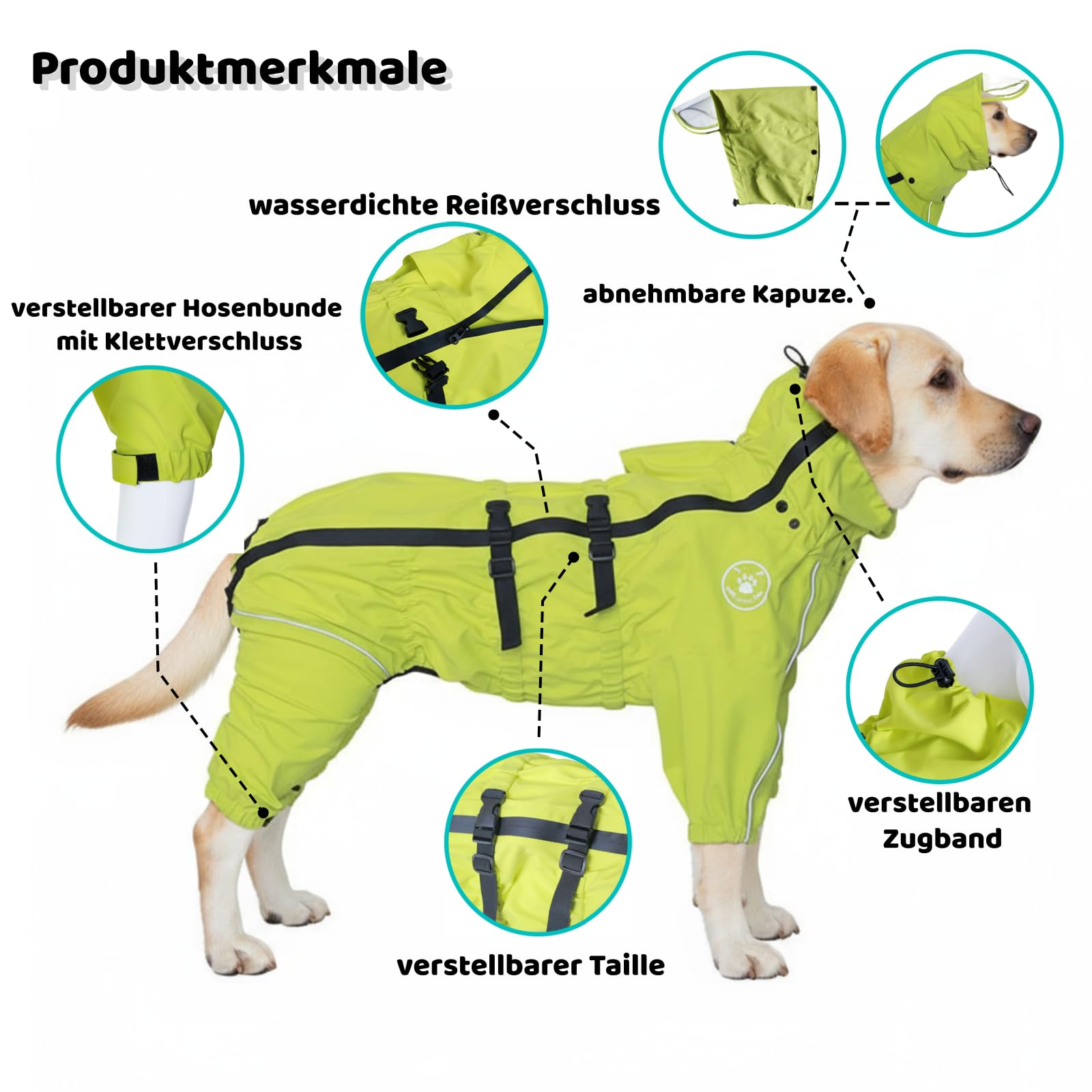 Wasserdichter Hunderegenmantel Leichter hundepullover mit integrierten beinabschlüssen und Abnehmbarer Kapuze, wasserdichter Regenmantel für mittel große Hunde Windjacke (Gelb, 5XL+)