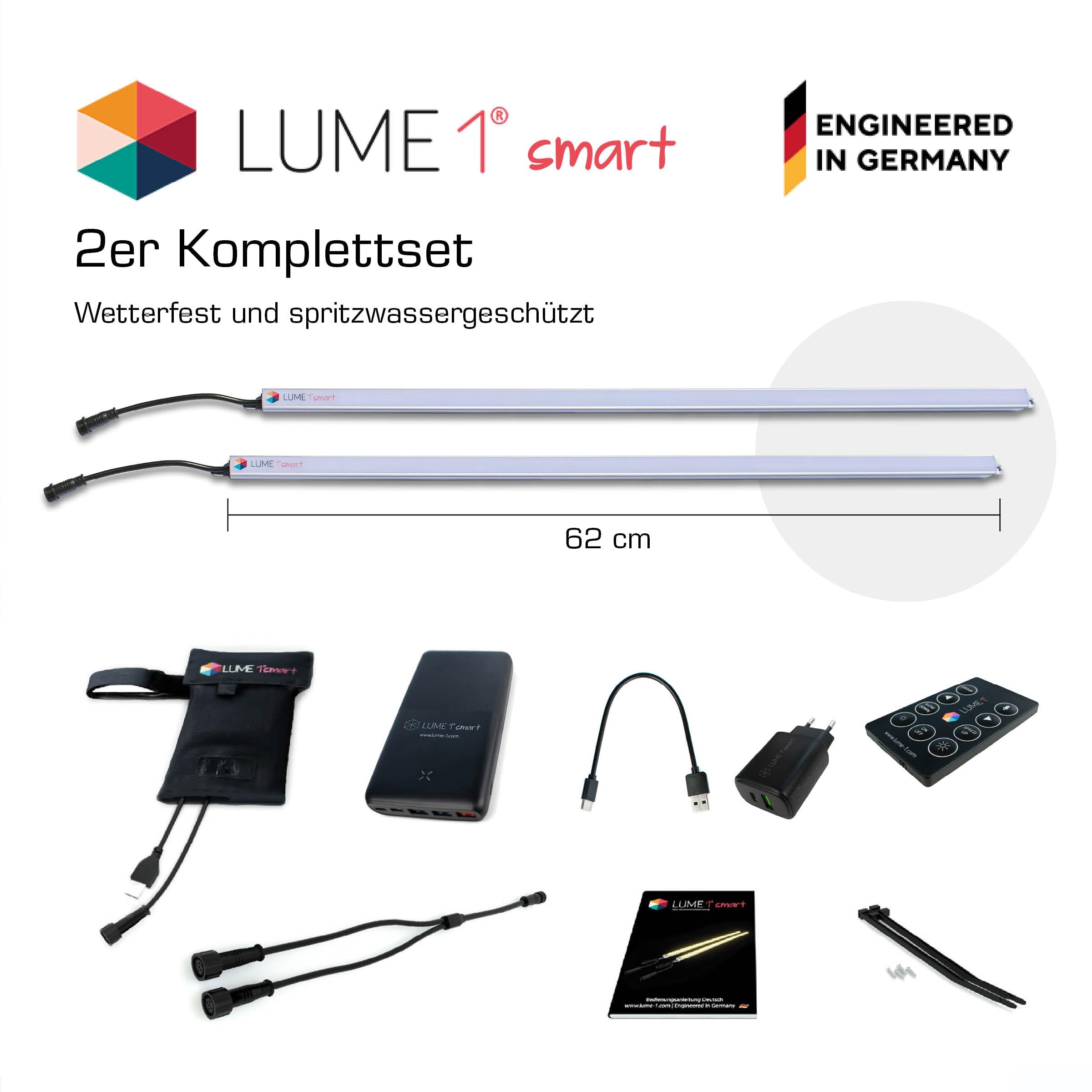 Lume1 Sonnenschirmbeleuchtung mit Fernbedienung, LED Leisten, warmweiß 1000 Lumen, 2700 Kelvin, Akku enthalten Smart Modell 2026 (Smart 2er Set)