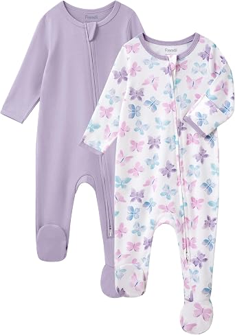 Baby Girl Sleepers 100% Cotton Footie Pajamas Newborn 0-3 3-6 6-9 Months with 2-Way Zipper, 2pcs PJs Baby Girl Clothes