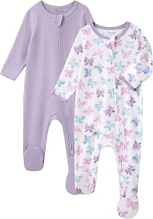 Baby Girl Sleepers 100% Cotton Footie Pajamas Newborn 0-3 3-6 6-9 Months with 2-Way Zipper, 2pcs PJs Baby Girl Clothes