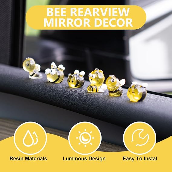 Rislobx Bee Car Dashboard Decorations, 6PCS Cute Luminous Bee Rearview Mirror Decor, Fun Car Interior Ornament Accessories for Women