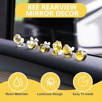 Rislobx Bee Car Dashboard Decorations, 6PCS Cute Luminous Bee Rearview Mirror Decor, Fun Car Interior Ornament Accessories for Women
