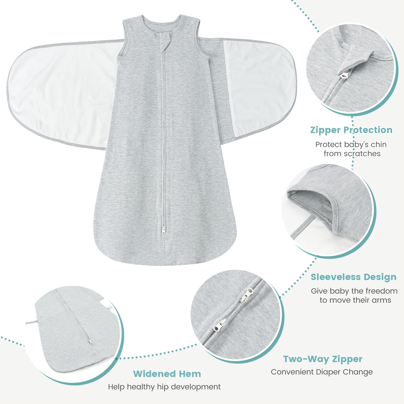 LILBESTIE Baby Sleeping Swaddle Bag 1.0 Tog 3-in-1 Adjustable Silent Hook Baby Swaddle Blanket Wrap 100% Cotton 6-12 Months, Grey - Image 3