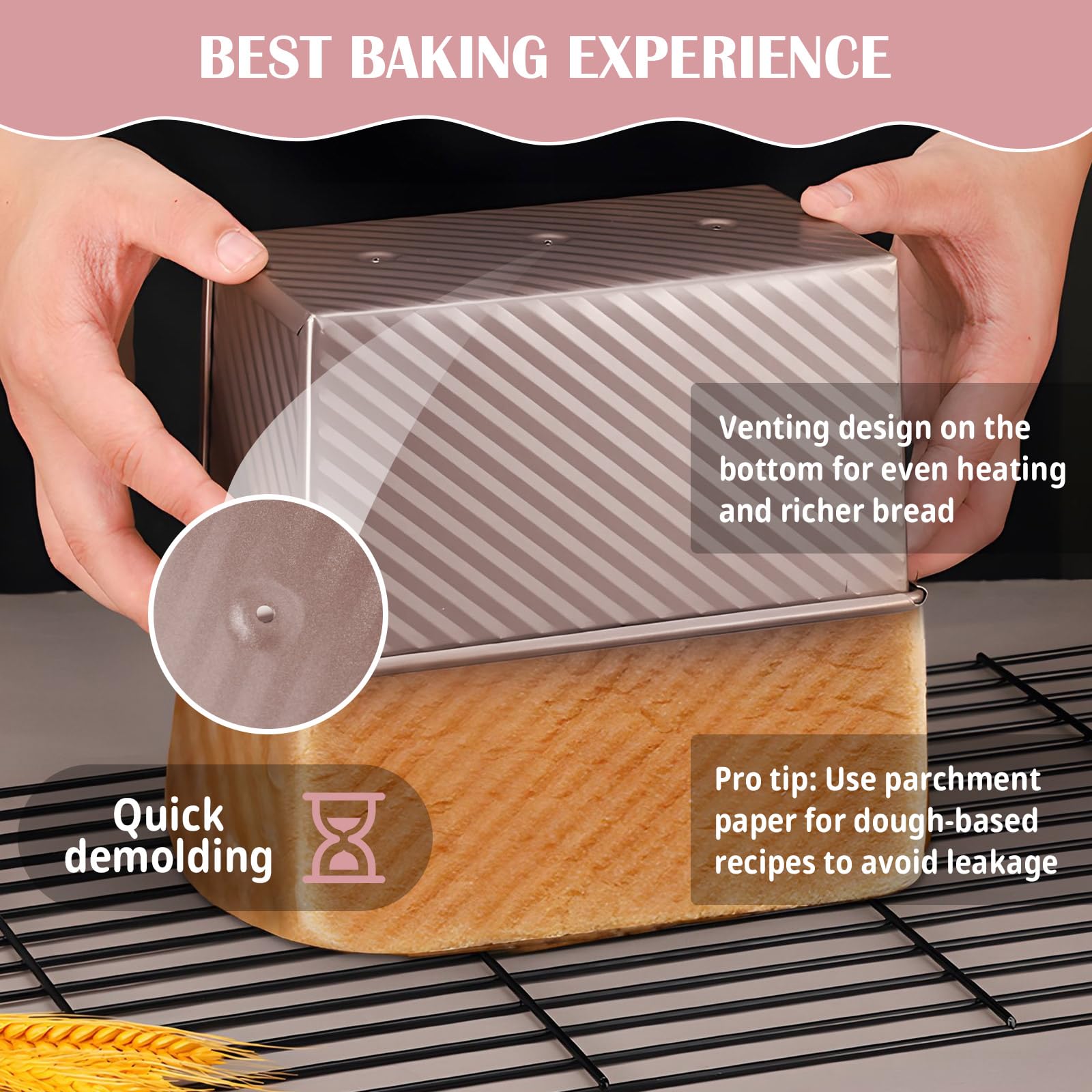 PRZRAO 21 x 12 x 11, 5 CM Stampo per Pane in Cassetta 450 g Stampo per Pane Tostato Oro Rosa per Antiaderente Ideale per Cuocere al Forno Cucinare Grigliare