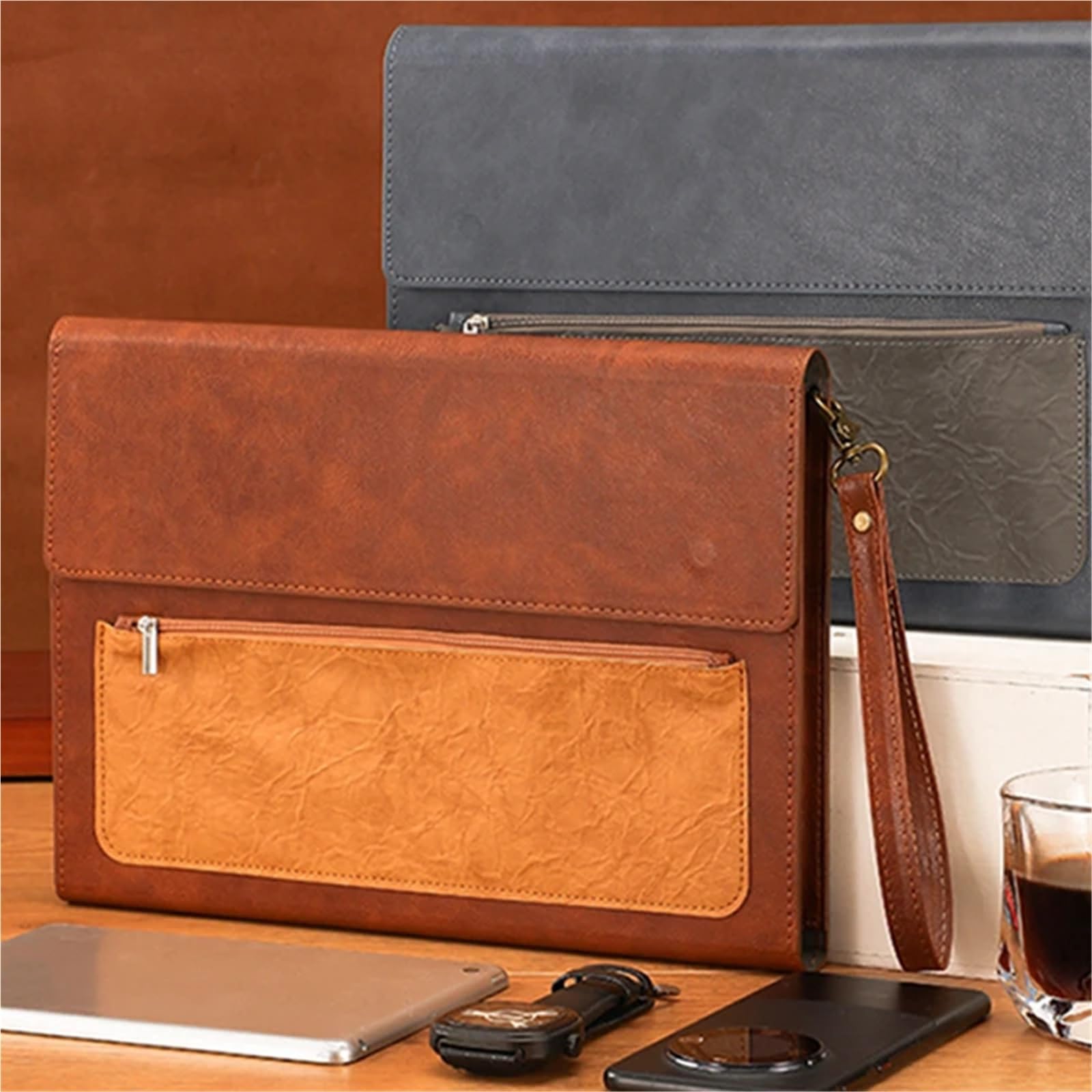 Documentos De Cuero Carpeta de cuero A4 for documentos, 2 unidades, gran capacidad, resistente al agua, for, contratos, facturas, suministros oficina(Brown without handle)
