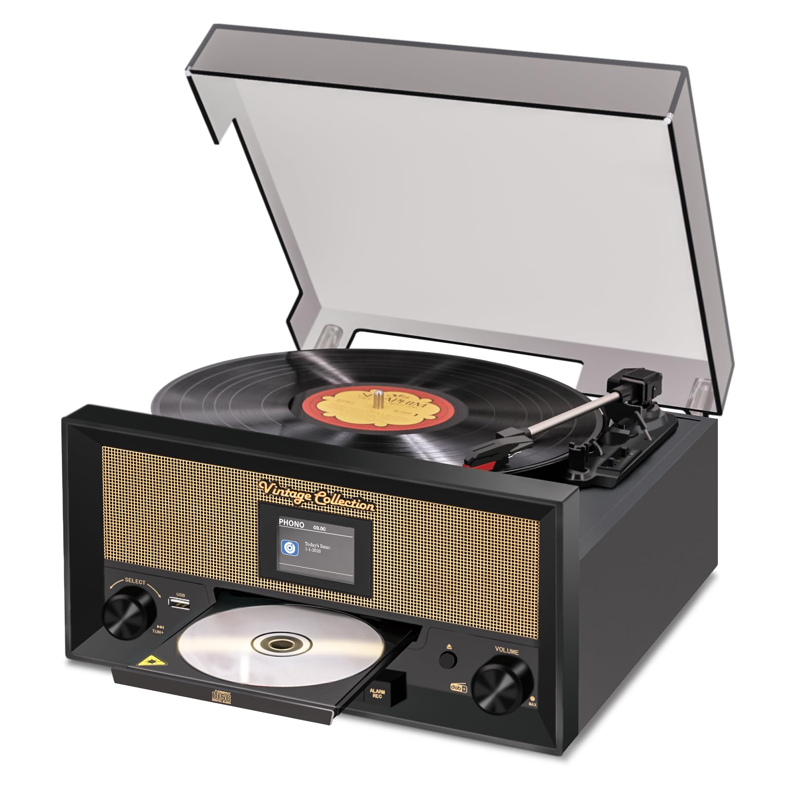 Lettore CD e vinile 9 in 1, giradischi Bluetooth, giradischi a 3 velocità, lettore CD, radio FM e DAB, riproduzione/registrazione USB, ingresso AUX, uscita RCA e jack per cuffie per la decorazione