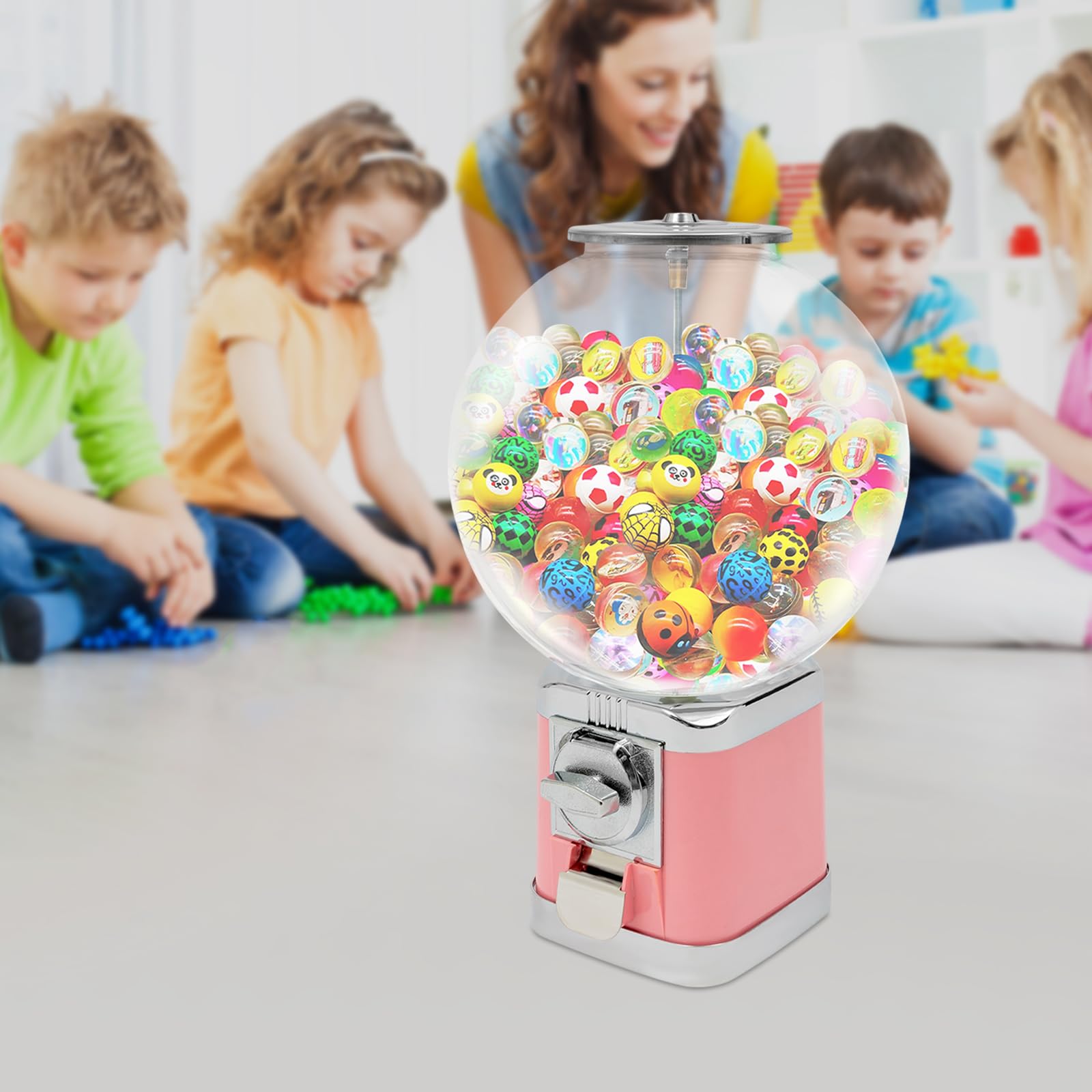18in-Height Candy Gumball Vending Machine,1$ Coin Commercial Selling Machine, 0.39-1.26in Gumball Automatic Machine, Toy Capsule Dispenser Machine for Game Stores and Retail Stores (Pink)