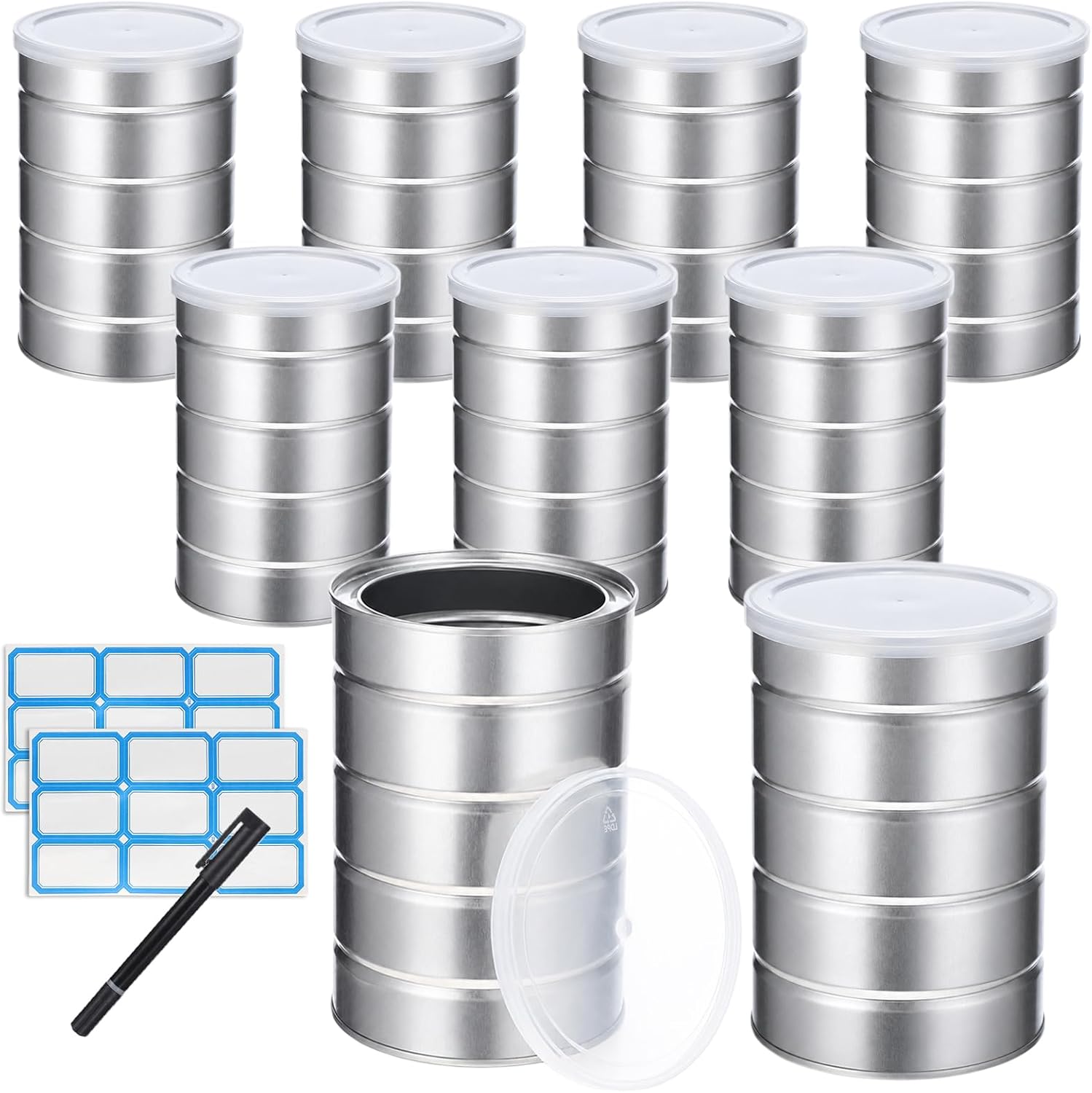 8 Pack Empty Coffee Cans with Lids, Stickers and Pen, 3.9 x 5.9 in Metal Tin Can, Silver Loose Leaf Tea Containers with Ribbed Body for Kitchen Storage, Arts Crafts, Cookies or Dried Fruit