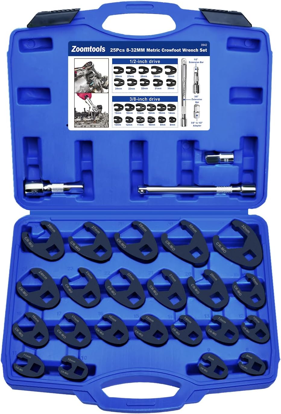 25-Piece 8-32 mm Crowfoot Spanner Set Crowfoot Spanner 3/8 Inch 1/2 Inch Drive Metric with Adapter and Extension Rods, Torque Open-End Wrench Set