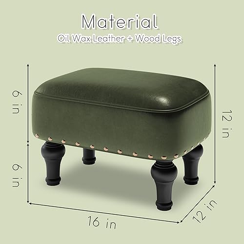 Miniatura 3 de Reposapiés de cuero otomano con asiento acolchado de espuma más gruesa, taburete con patas de madera (verde)