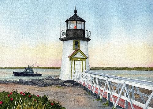 Miniatura 1 de Brant Point Lighthouse Nantucket Massachusetts - Impresiones artísticas de acuarela mate (5 x 7)