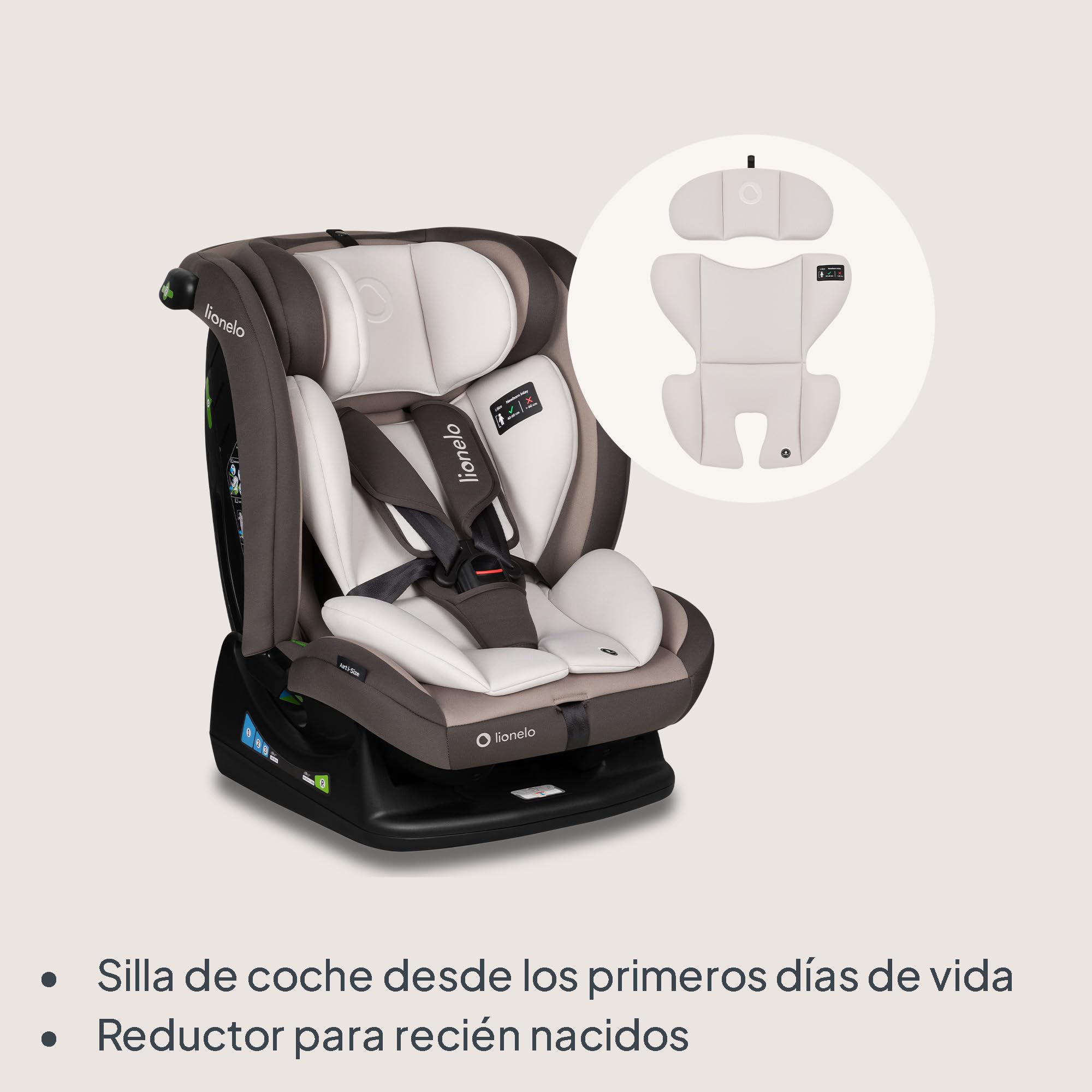 LIONELO AART I-SIZE Silla Coche Bebé 40-150 cm, Montaje con Cinturones de Seguridad, Reposacabezas e Inclinación Ajustables, Almohadilla lumbar y Reductor, Norma R129 i-Size