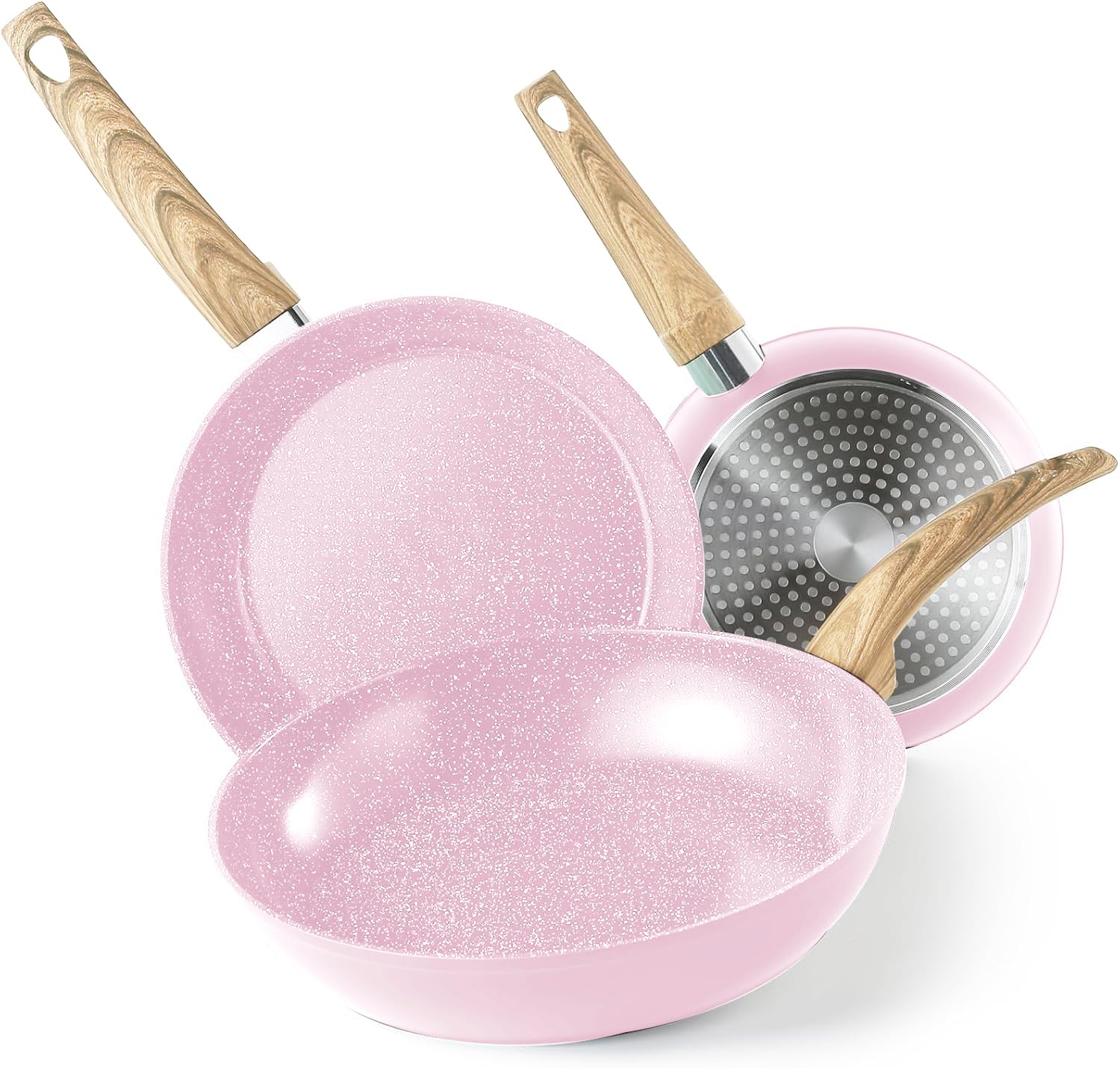 Non Stick Frying Pan Skillet Set, 8" 9.5" 11" Nonstick Pans Set Induction Ceramic Cookware Set with Granite Pattern Omelet Pans, Chef's Pan, Pale Pink