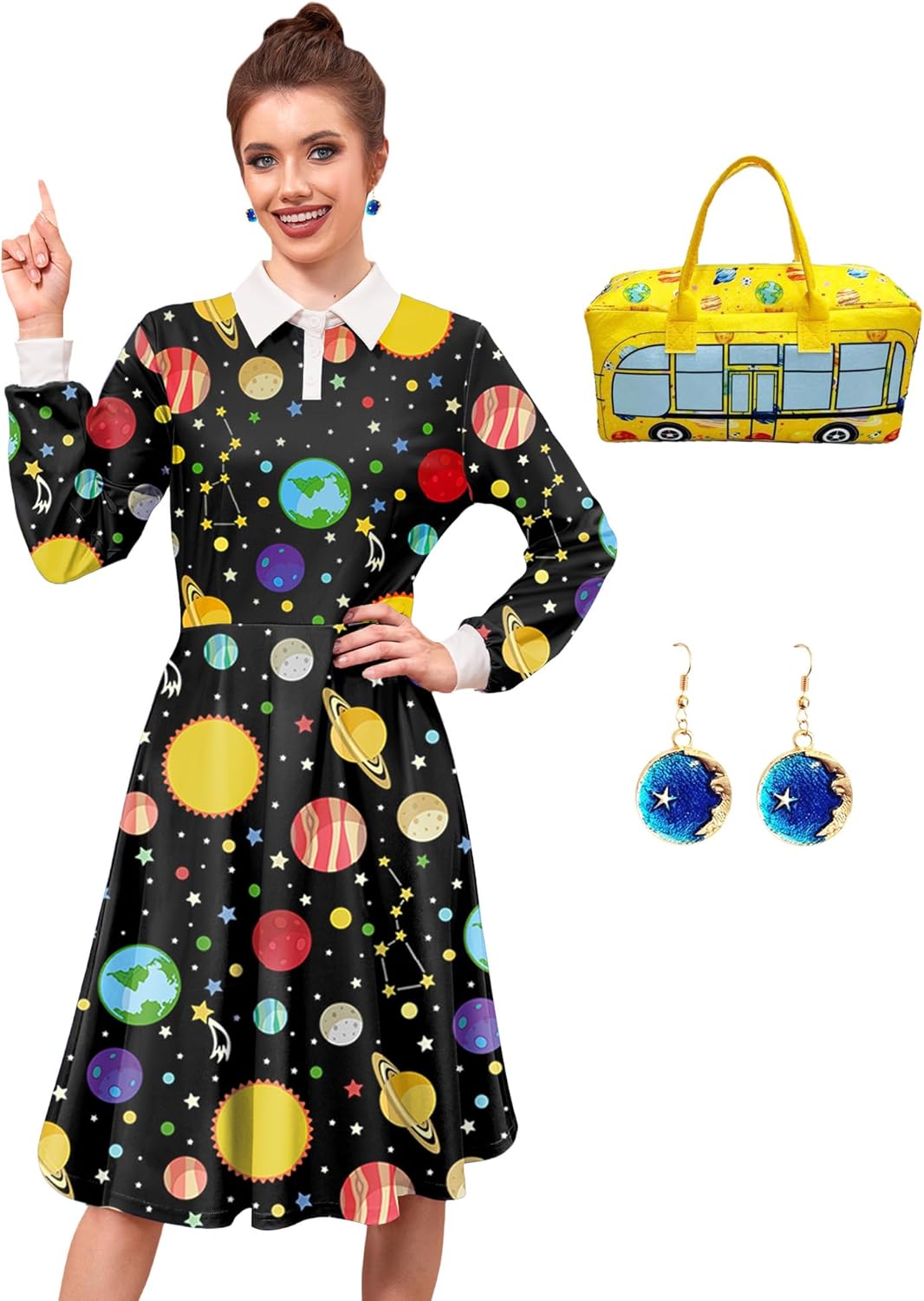 Maisolly 3 Pcs Women's Halloween Costume Sets Cute Peter Pan Collar Dress with Handbag Earrings S-XXL