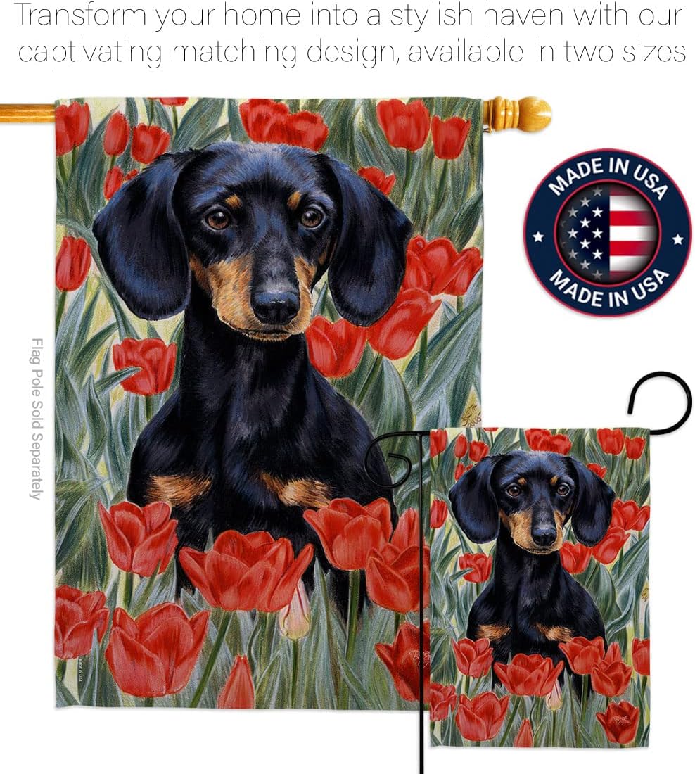 Breeze Decor - Dachsund in Tulips Nature - Everyday Pets Impressions Decorative Vertical House Flag 28" x 40" Printed in USA