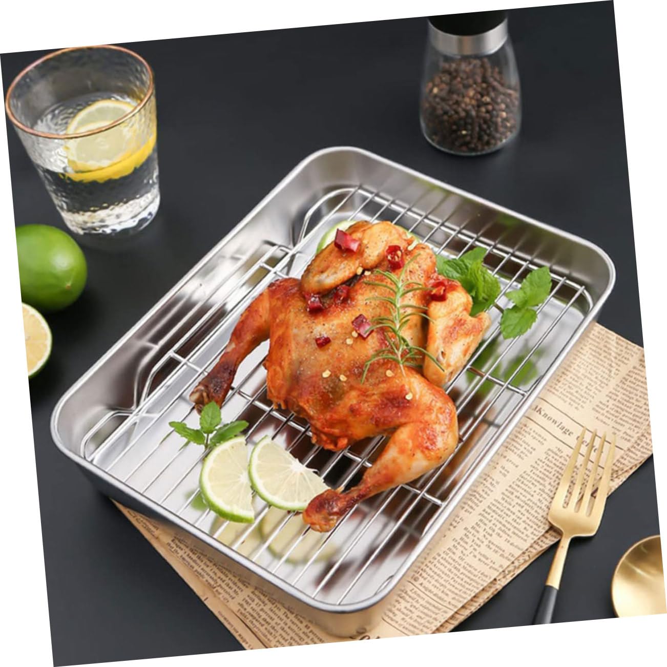2 Sätze Stainless Steel Backblech Set mit Gitterrost Teiliges Backform Set für Vielseitiges Kochen für Gesunde Zubereitung Grillen