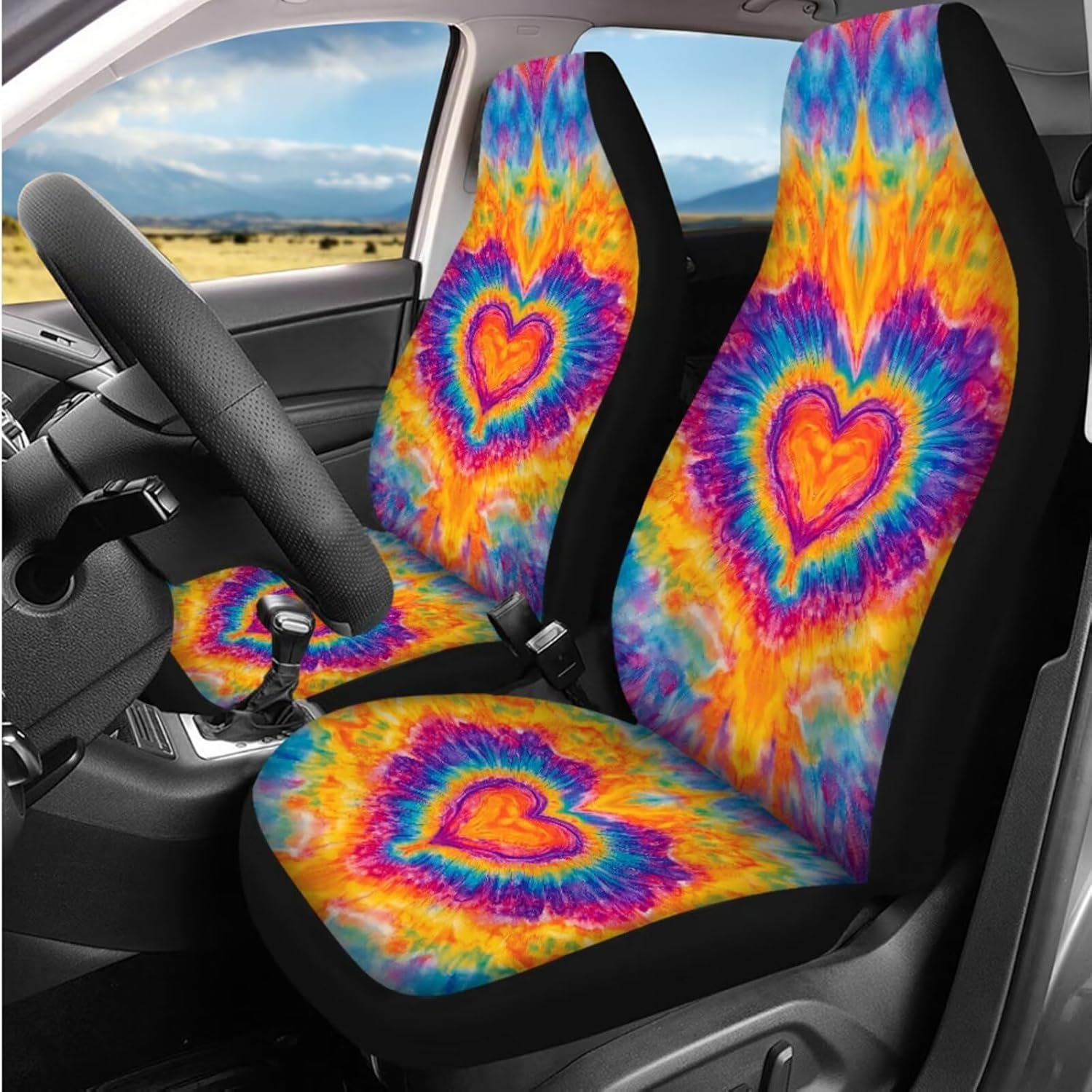 Horeset Colorful Tie-Dye Car Seat Covers Full Set 14 Pack Car Steering Wheel Cover Head Rest Protector Armrest Cover Seat Belt Covers Key Ring and Cup Coaster Universal Fit for Cars SUV