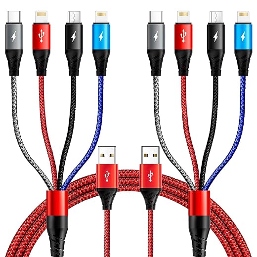 Multi Charging Cable 3.5A [2Pack 6ft] Multi Charger Cable Braided 4 in 1 Multi Charger Fast Charging Cord with Lightning/Type C/Micro USB Ports for Cell Phones/iPhone/Samsung Galaxy/PS/Tablets & More