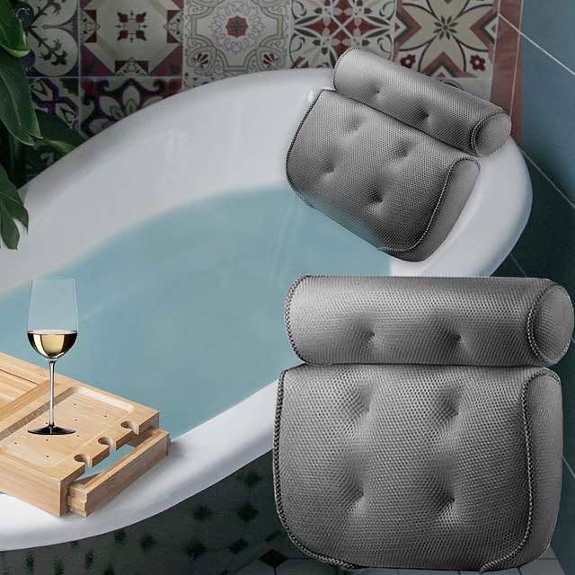 wyewye Bath Pillow Bathtub Pillows Ergonomic Spa Bath Cushion 6 Large Suction Cups Comfortable Waterproof Bath Pillows Head & Neck,3D Mesh Technology, Support Back, Shoulder, Fits All Bathtub,Grey